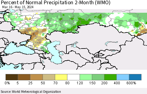 Russian Federation Percent of Normal Precipitation 2-Month (WMO) Thematic Map For 3/16/2024 - 5/15/2024