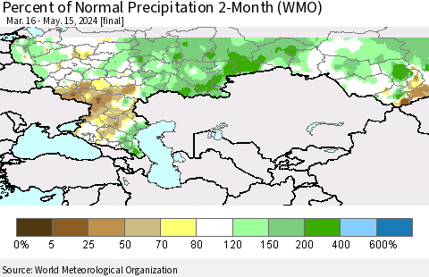 Russian Federation Percent of Normal Precipitation 2-Month (WMO) Thematic Map For 3/16/2024 - 5/15/2024