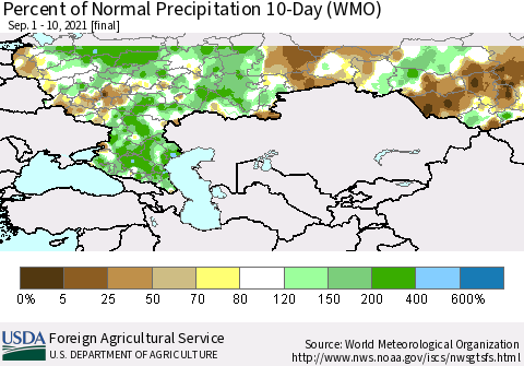 Russian Federation Percent of Normal Precipitation 10-Day (WMO) Thematic Map For 9/1/2021 - 9/10/2021