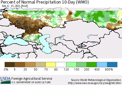 Russian Federation Percent of Normal Precipitation 10-Day (WMO) Thematic Map For 9/6/2021 - 9/15/2021