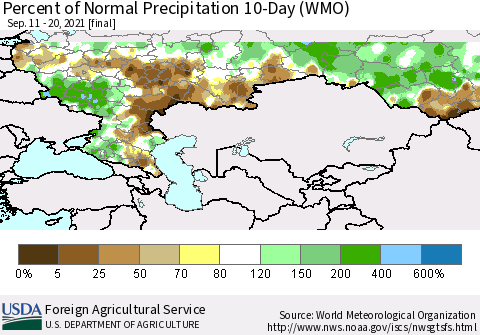 Russian Federation Percent of Normal Precipitation 10-Day (WMO) Thematic Map For 9/11/2021 - 9/20/2021