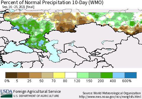 Russian Federation Percent of Normal Precipitation 10-Day (WMO) Thematic Map For 9/16/2021 - 9/25/2021
