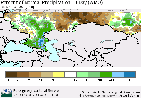 Russian Federation Percent of Normal Precipitation 10-Day (WMO) Thematic Map For 9/21/2021 - 9/30/2021
