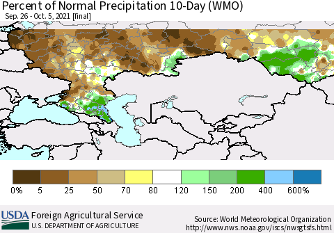 Russian Federation Percent of Normal Precipitation 10-Day (WMO) Thematic Map For 9/26/2021 - 10/5/2021