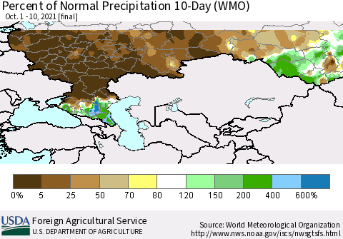 Russian Federation Percent of Normal Precipitation 10-Day (WMO) Thematic Map For 10/1/2021 - 10/10/2021
