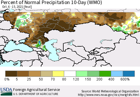 Russian Federation Percent of Normal Precipitation 10-Day (WMO) Thematic Map For 10/6/2021 - 10/15/2021