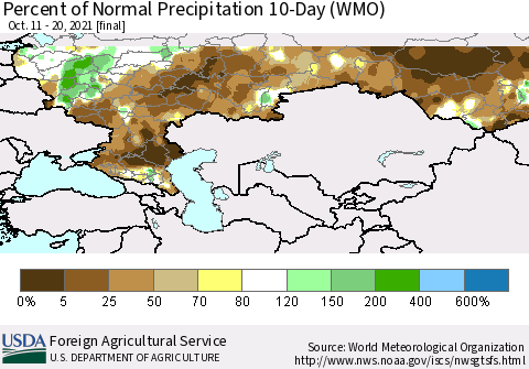 Russian Federation Percent of Normal Precipitation 10-Day (WMO) Thematic Map For 10/11/2021 - 10/20/2021