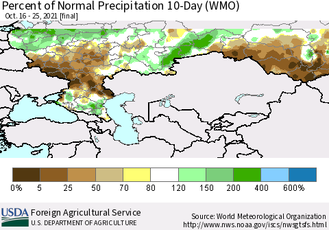 Russian Federation Percent of Normal Precipitation 10-Day (WMO) Thematic Map For 10/16/2021 - 10/25/2021