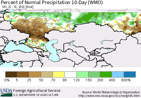 Russian Federation Percent of Normal Precipitation 10-Day (WMO) Thematic Map For 10/21/2021 - 10/31/2021