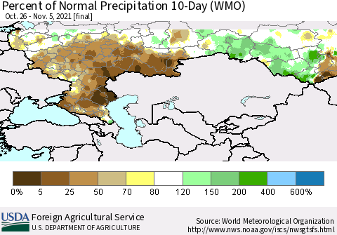 Russian Federation Percent of Normal Precipitation 10-Day (WMO) Thematic Map For 10/26/2021 - 11/5/2021