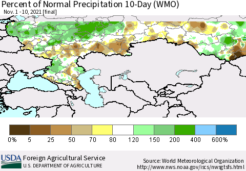 Russian Federation Percent of Normal Precipitation 10-Day (WMO) Thematic Map For 11/1/2021 - 11/10/2021
