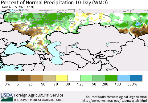 Russian Federation Percent of Normal Precipitation 10-Day (WMO) Thematic Map For 11/6/2021 - 11/15/2021