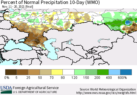 Russian Federation Percent of Normal Precipitation 10-Day (WMO) Thematic Map For 11/11/2021 - 11/20/2021