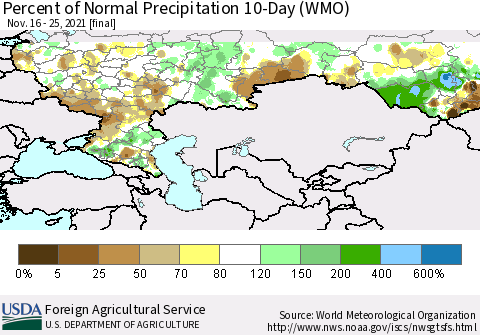 Russian Federation Percent of Normal Precipitation 10-Day (WMO) Thematic Map For 11/16/2021 - 11/25/2021