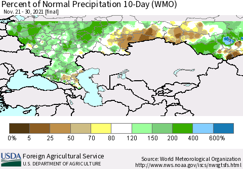 Russian Federation Percent of Normal Precipitation 10-Day (WMO) Thematic Map For 11/21/2021 - 11/30/2021