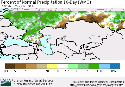 Russian Federation Percent of Normal Precipitation 10-Day (WMO) Thematic Map For 11/26/2021 - 12/5/2021