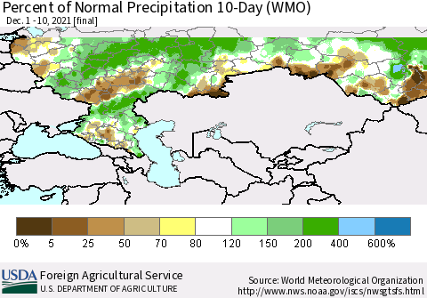 Russian Federation Percent of Normal Precipitation 10-Day (WMO) Thematic Map For 12/1/2021 - 12/10/2021