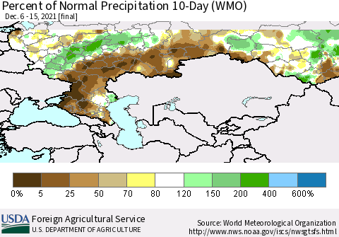 Russian Federation Percent of Normal Precipitation 10-Day (WMO) Thematic Map For 12/6/2021 - 12/15/2021