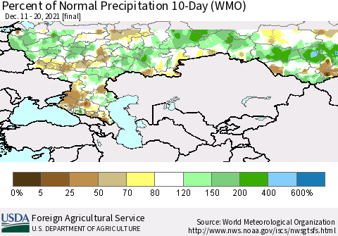 Russian Federation Percent of Normal Precipitation 10-Day (WMO) Thematic Map For 12/11/2021 - 12/20/2021