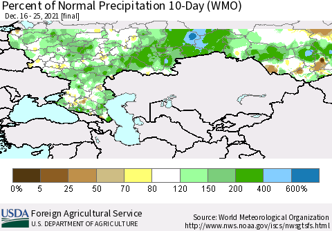 Russian Federation Percent of Normal Precipitation 10-Day (WMO) Thematic Map For 12/16/2021 - 12/25/2021