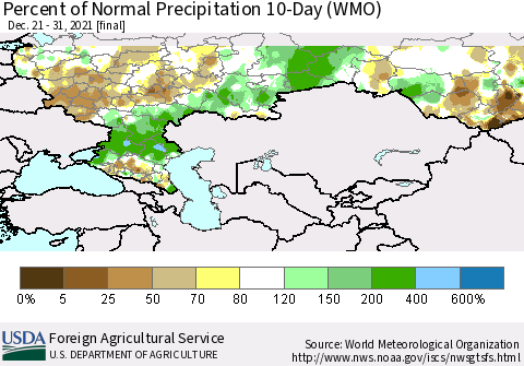 Russian Federation Percent of Normal Precipitation 10-Day (WMO) Thematic Map For 12/21/2021 - 12/31/2021