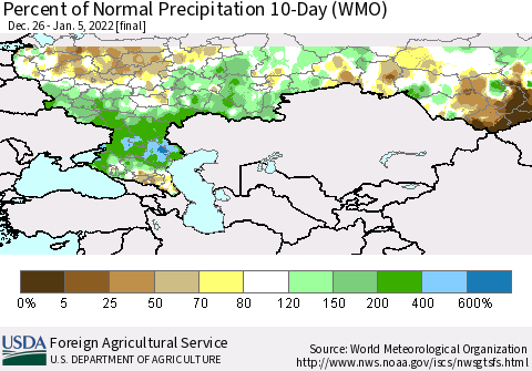 Russian Federation Percent of Normal Precipitation 10-Day (WMO) Thematic Map For 12/26/2021 - 1/5/2022