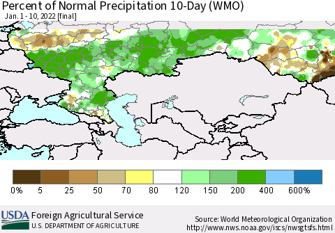 Russian Federation Percent of Normal Precipitation 10-Day (WMO) Thematic Map For 1/1/2022 - 1/10/2022