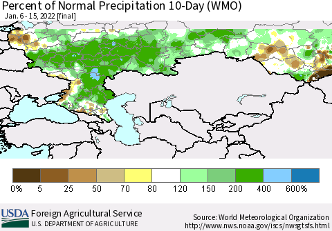 Russian Federation Percent of Normal Precipitation 10-Day (WMO) Thematic Map For 1/6/2022 - 1/15/2022