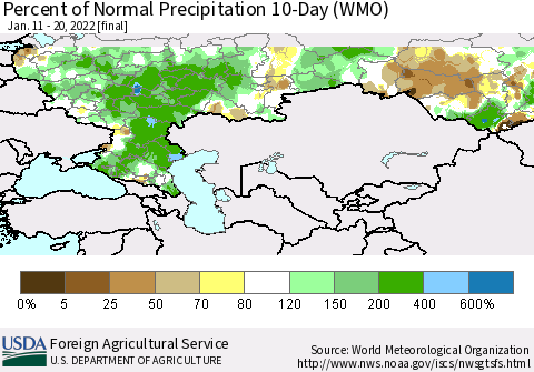 Russian Federation Percent of Normal Precipitation 10-Day (WMO) Thematic Map For 1/11/2022 - 1/20/2022