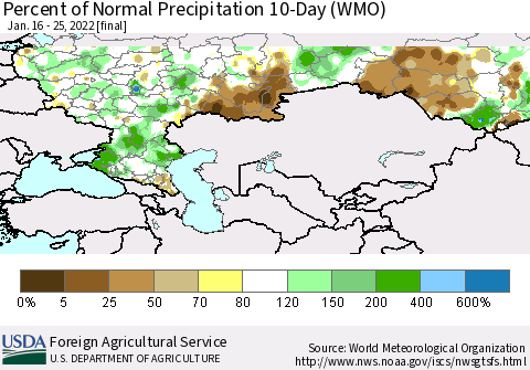 Russian Federation Percent of Normal Precipitation 10-Day (WMO) Thematic Map For 1/16/2022 - 1/25/2022