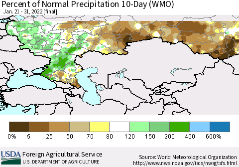 Russian Federation Percent of Normal Precipitation 10-Day (WMO) Thematic Map For 1/21/2022 - 1/31/2022