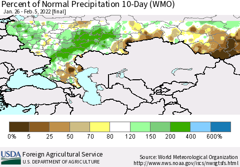 Russian Federation Percent of Normal Precipitation 10-Day (WMO) Thematic Map For 1/26/2022 - 2/5/2022
