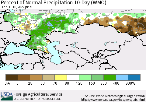 Russian Federation Percent of Normal Precipitation 10-Day (WMO) Thematic Map For 2/1/2022 - 2/10/2022