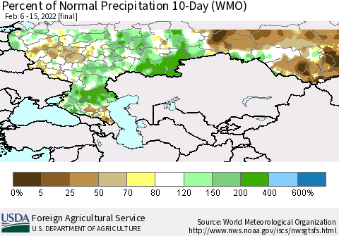 Russian Federation Percent of Normal Precipitation 10-Day (WMO) Thematic Map For 2/6/2022 - 2/15/2022