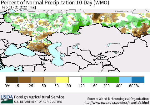 Russian Federation Percent of Normal Precipitation 10-Day (WMO) Thematic Map For 2/11/2022 - 2/20/2022