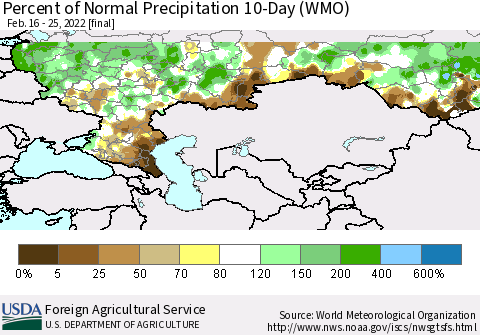 Russian Federation Percent of Normal Precipitation 10-Day (WMO) Thematic Map For 2/16/2022 - 2/25/2022