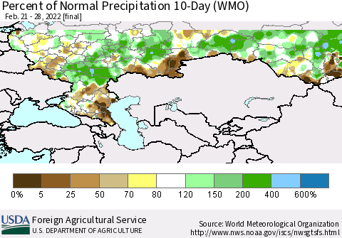 Russian Federation Percent of Normal Precipitation 10-Day (WMO) Thematic Map For 2/21/2022 - 2/28/2022
