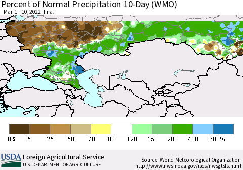 Russian Federation Percent of Normal Precipitation 10-Day (WMO) Thematic Map For 3/1/2022 - 3/10/2022