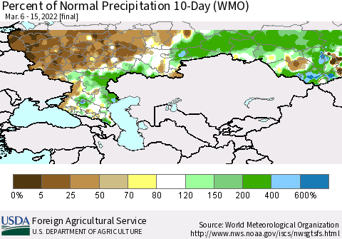 Russian Federation Percent of Normal Precipitation 10-Day (WMO) Thematic Map For 3/6/2022 - 3/15/2022