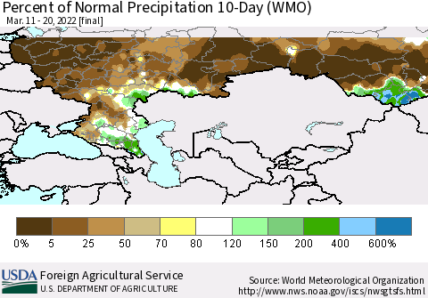 Russian Federation Percent of Normal Precipitation 10-Day (WMO) Thematic Map For 3/11/2022 - 3/20/2022