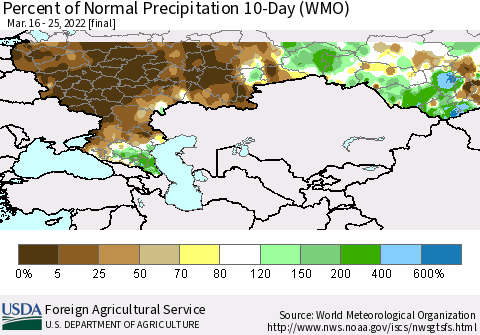 Russian Federation Percent of Normal Precipitation 10-Day (WMO) Thematic Map For 3/16/2022 - 3/25/2022