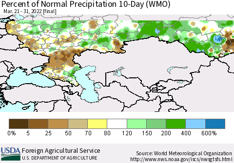 Russian Federation Percent of Normal Precipitation 10-Day (WMO) Thematic Map For 3/21/2022 - 3/31/2022