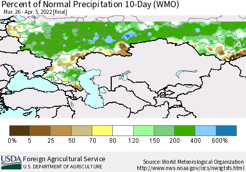 Russian Federation Percent of Normal Precipitation 10-Day (WMO) Thematic Map For 3/26/2022 - 4/5/2022