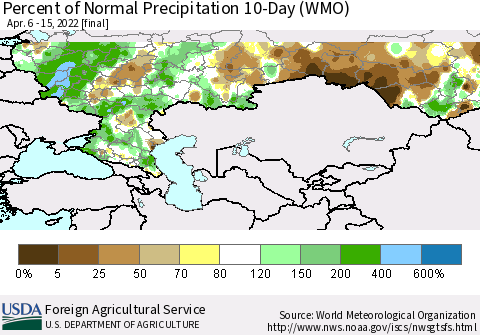 Russian Federation Percent of Normal Precipitation 10-Day (WMO) Thematic Map For 4/6/2022 - 4/15/2022
