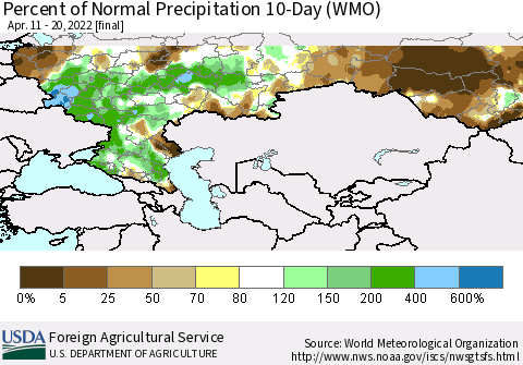 Russian Federation Percent of Normal Precipitation 10-Day (WMO) Thematic Map For 4/11/2022 - 4/20/2022