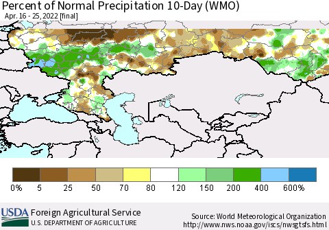 Russian Federation Percent of Normal Precipitation 10-Day (WMO) Thematic Map For 4/16/2022 - 4/25/2022