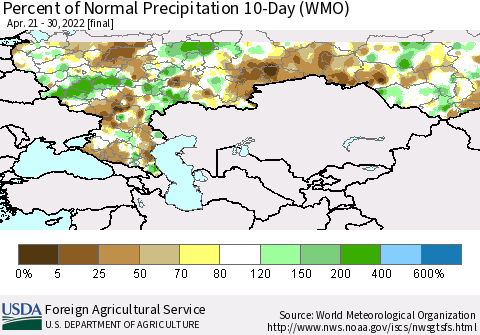 Russian Federation Percent of Normal Precipitation 10-Day (WMO) Thematic Map For 4/21/2022 - 4/30/2022