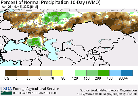 Russian Federation Percent of Normal Precipitation 10-Day (WMO) Thematic Map For 4/26/2022 - 5/5/2022