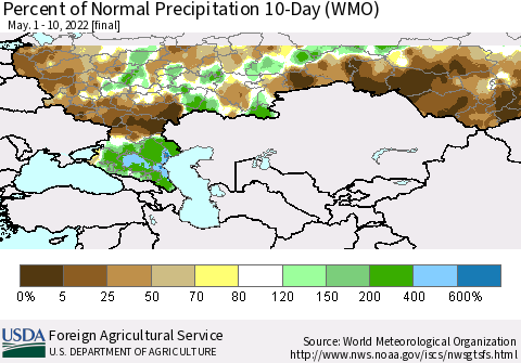 Russian Federation Percent of Normal Precipitation 10-Day (WMO) Thematic Map For 5/1/2022 - 5/10/2022