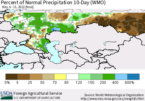 Russian Federation Percent of Normal Precipitation 10-Day (WMO) Thematic Map For 5/6/2022 - 5/15/2022